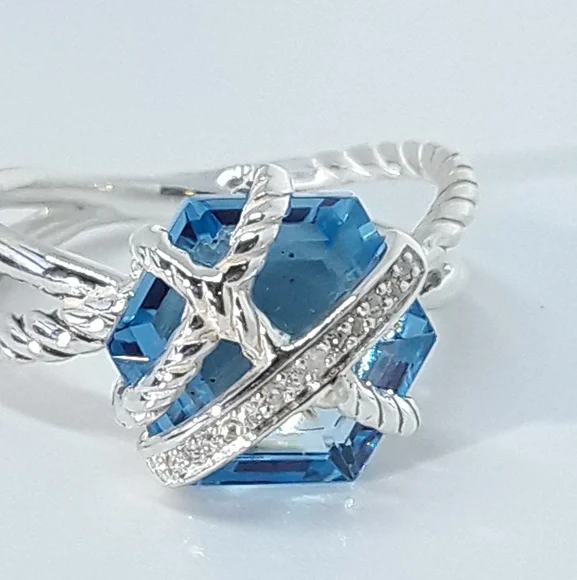 David Yurman Blue Topaz Cable Wrap Ring 6.5 - Picture 9 of 9